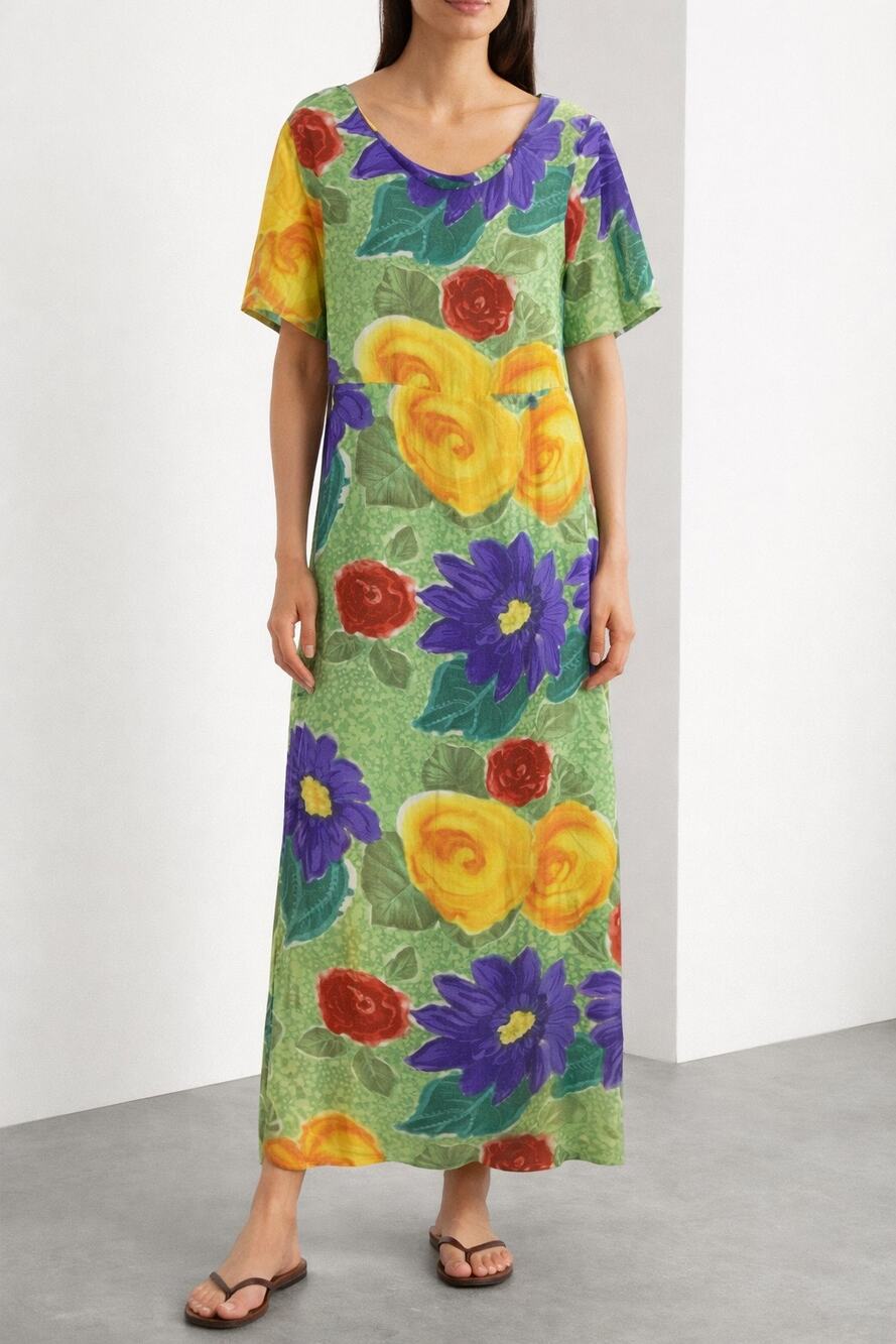 Jams World Vintage Short Sleeve Floral Maxi Dress Water Color Print Small